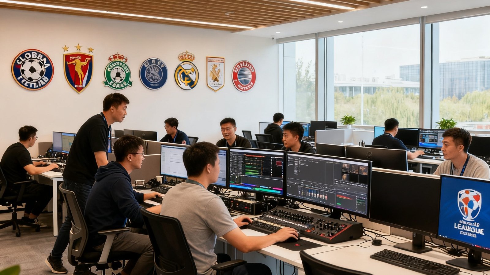 足球网北京总部开放式办公区实景，数十名编辑和技术人员在现代化的办公环境中协作工作，墙面悬挂全球足球联赛徽标装饰